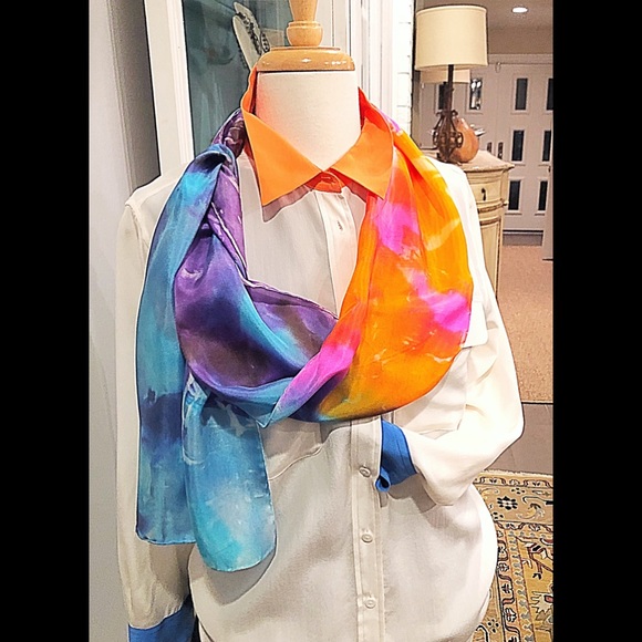 100% Silk Chiffon 8” x 70” Hand Created Orange, Pink, Yellow, Blue, Purple Scarf - Picture 7 of 9